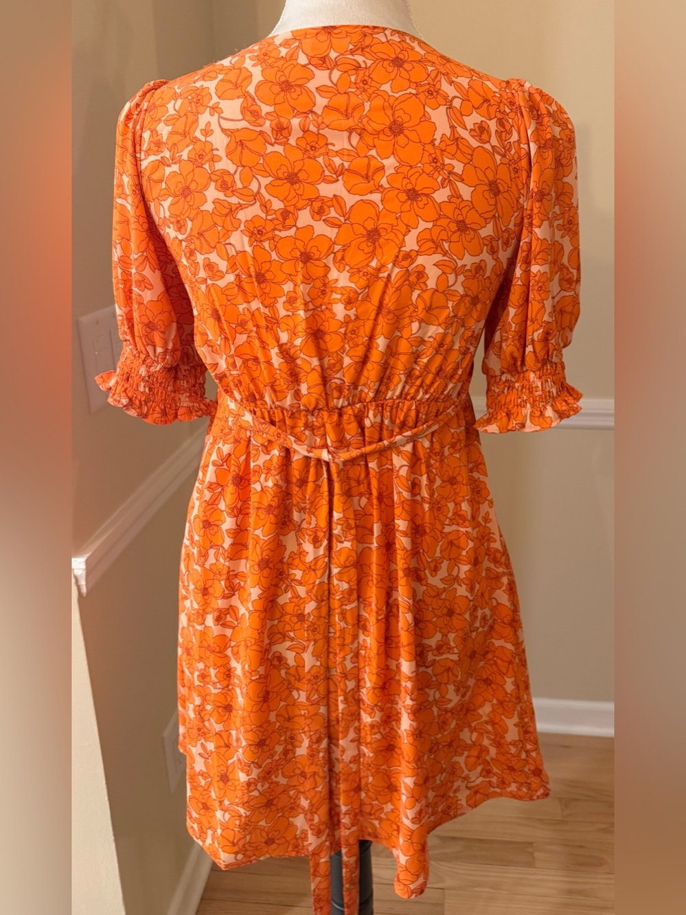 🌼🍊 Sienna Sky Orange Floral Puff Sleeve Mini Dress XS Cottagecore Boho - Picture 2 of 9